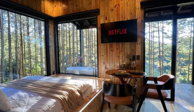 Cabana para casal com banheira e vista na natureza